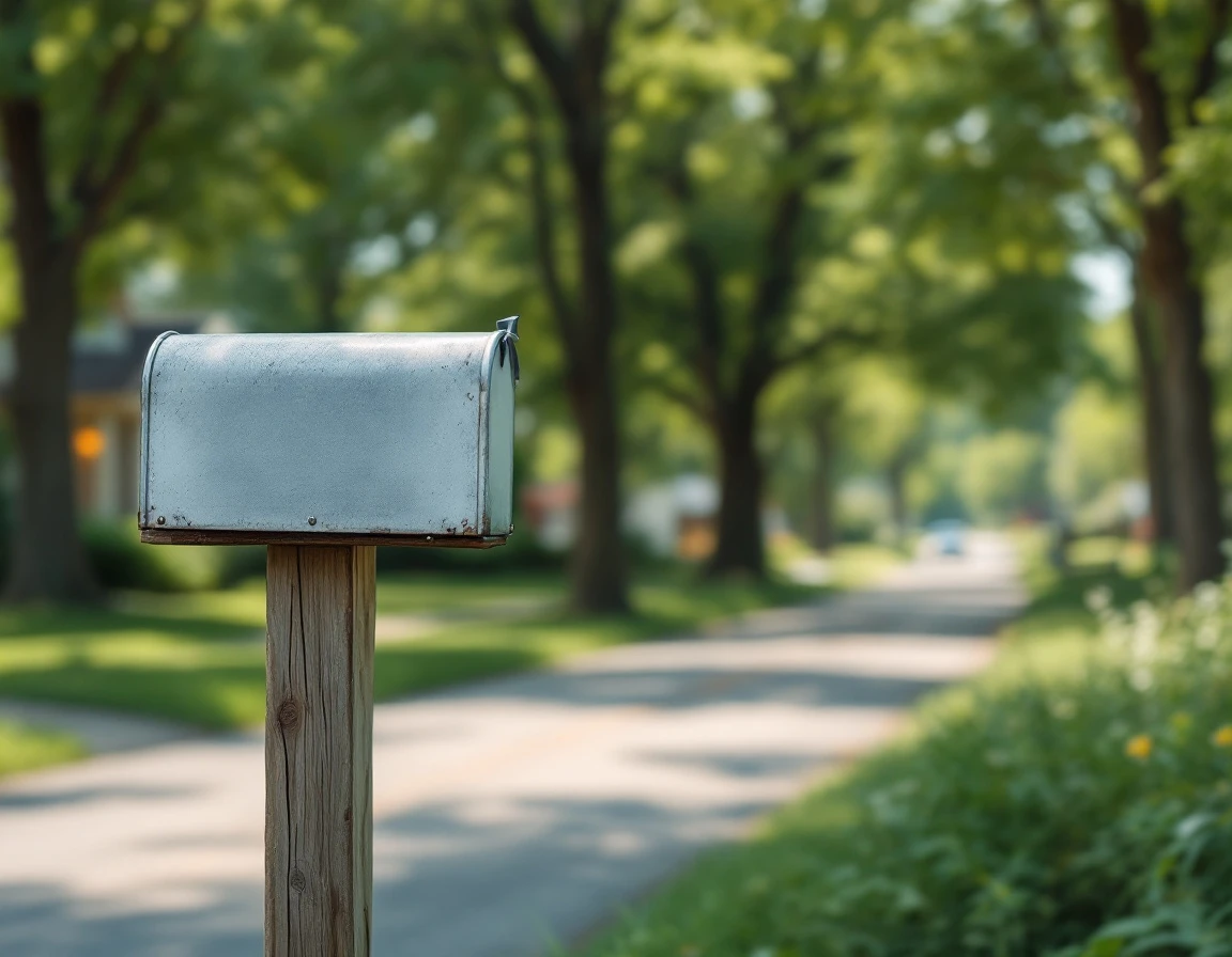 Unmarked residential mailbox on wooden post along quiet suburban street in natural afternoon light