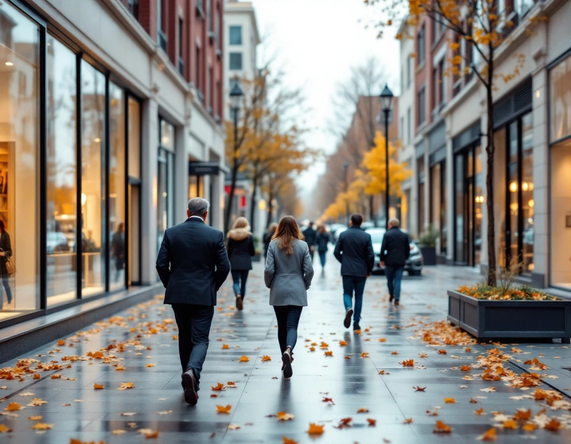 Autumn retail street scene with pedestrians and unmarked storefronts showing foot traffic patterns