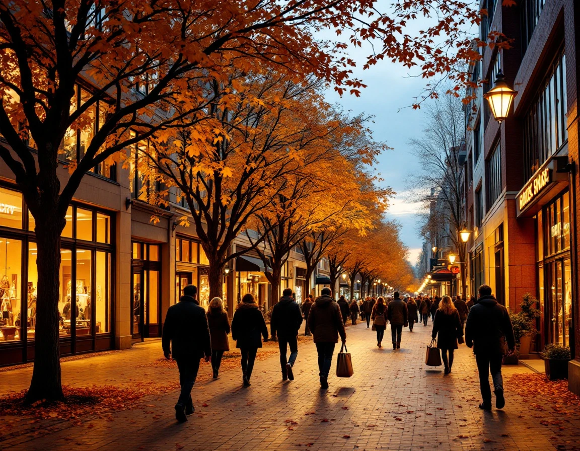 Autumn pedestrian shopping district at twilight with shoppers walking along tree-lined retail plaza