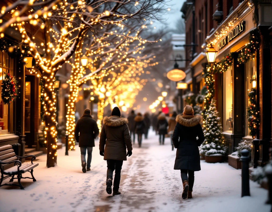 Winter holiday shopping street with decorated storefronts and pedestrians during Q4 retail season