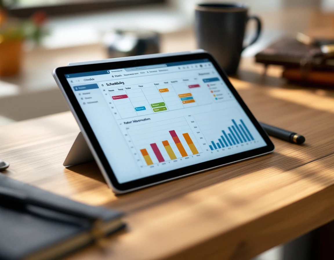 Tablet displaying scheduling software interface with calendar grids and labor allocation charts on office desk