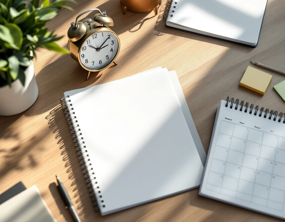 Organized workspace desk with blank planner, clock, and notebook representing retail scheduling workflow