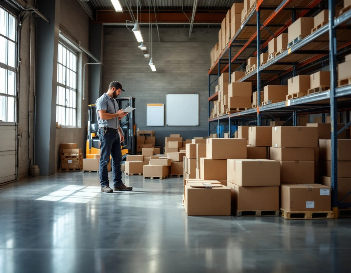 Warehouse receiving area with cardboard boxes and inventory shelving during July back-to-school preparation
