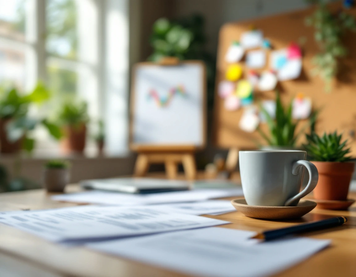 Blurred desk workspace with cork board, coffee cup, and planning materials for business demand forecasting