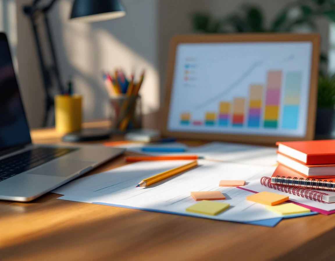 Planning materials and school supplies arranged on wooden desk with colorful timeline visualization blocks