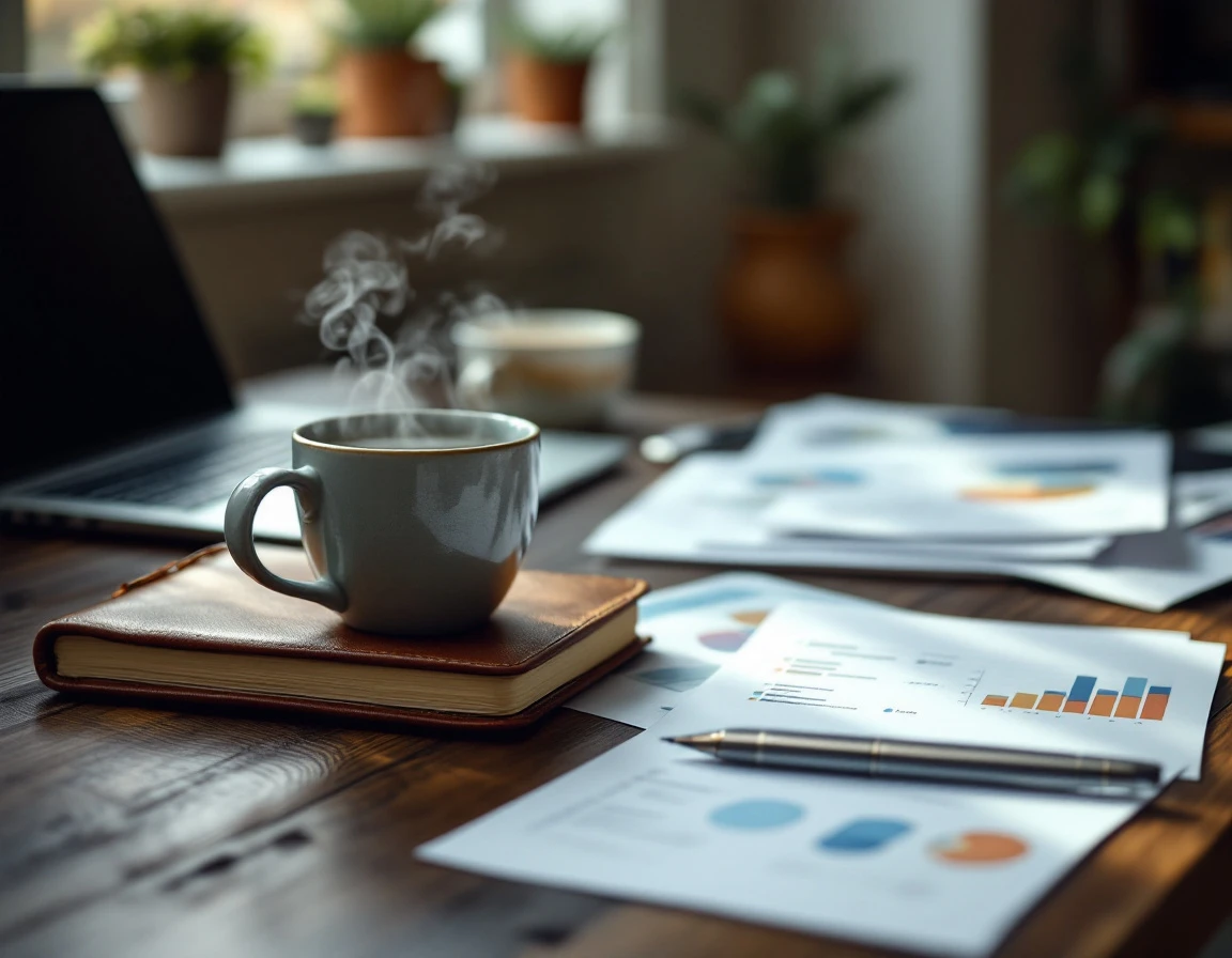 Autumn workspace with coffee, leather notebook, and blurred analytics papers on wooden desk for Q4 planning