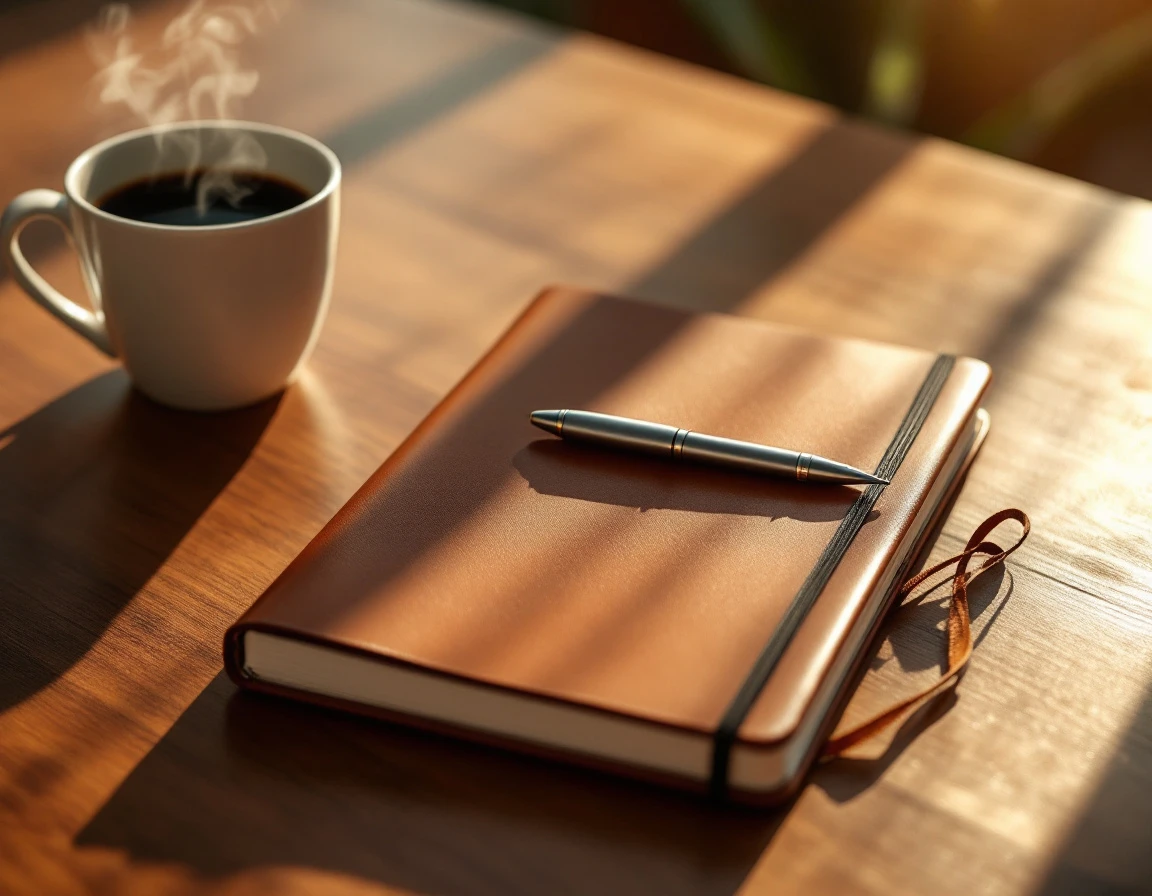 Closed leather journal with pen and coffee cup on wooden desk in natural sunlight