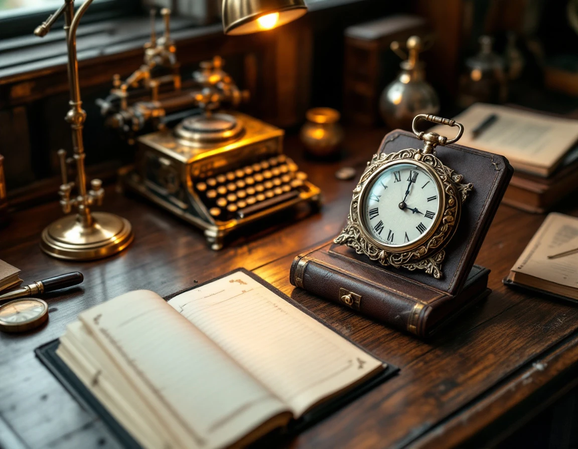 Vintage brass typewriter and desk accessories on wooden surface evoking careful planning and organizational workflow