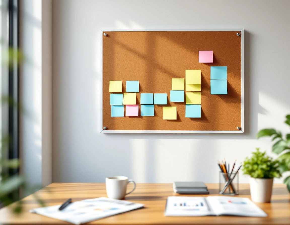 Blank planning board with colorful cards and office workspace setup for headcount scheduling