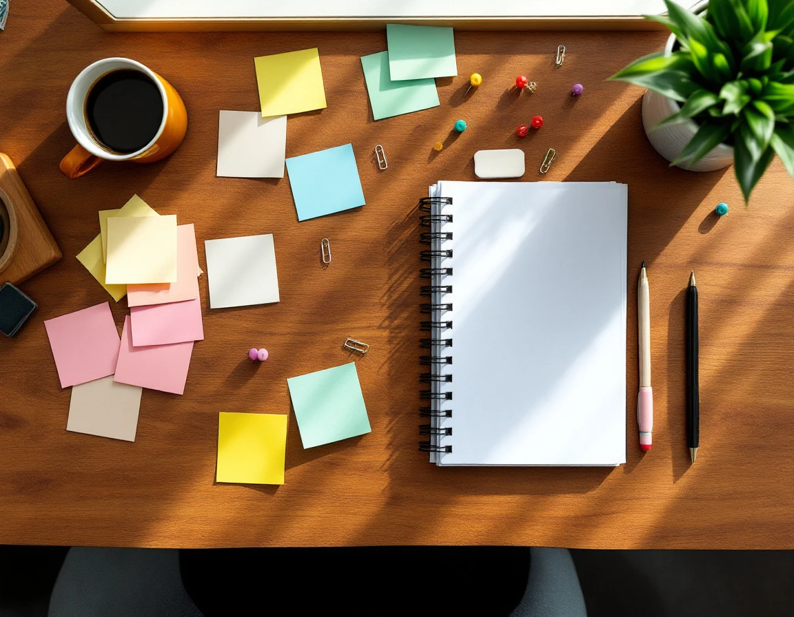 Overhead view of retail planning workspace with scattered sticky notes, planner, and scheduling materials on wooden desk