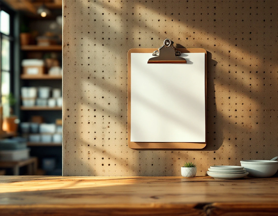 Clipboard and organizational tools on retail stockroom wall with natural lighting