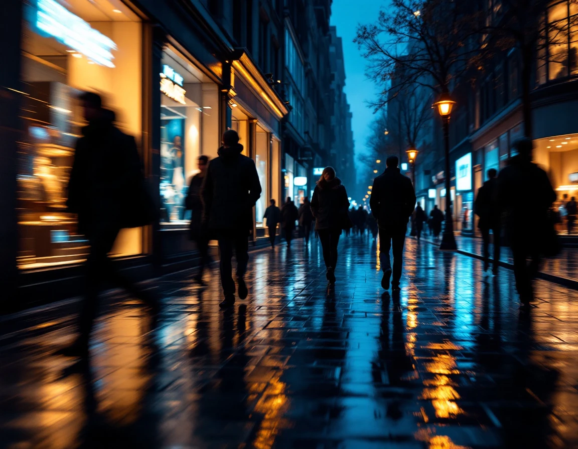 Nighttime urban retail street with illuminated storefronts and pedestrian foot traffic reflected in wet pavement