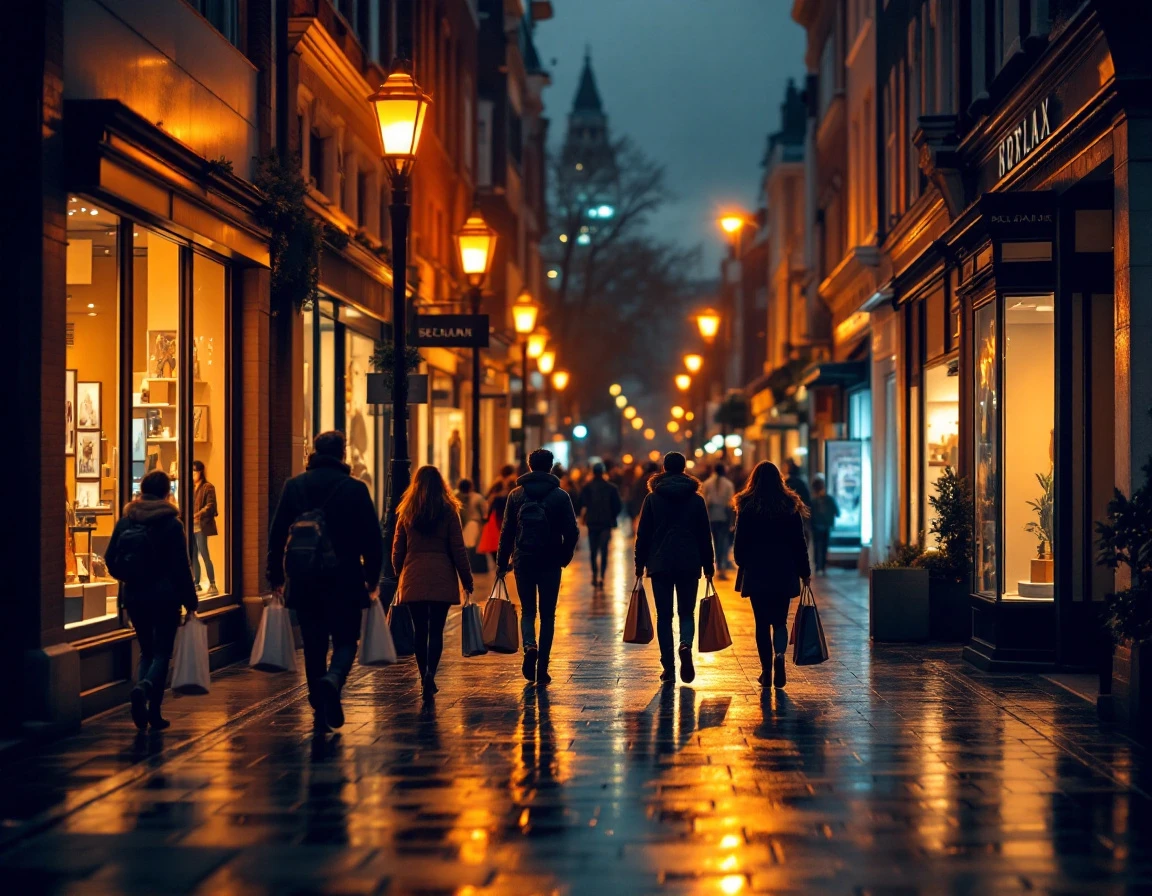 Evening retail district with illuminated storefronts and shoppers during peak business hours