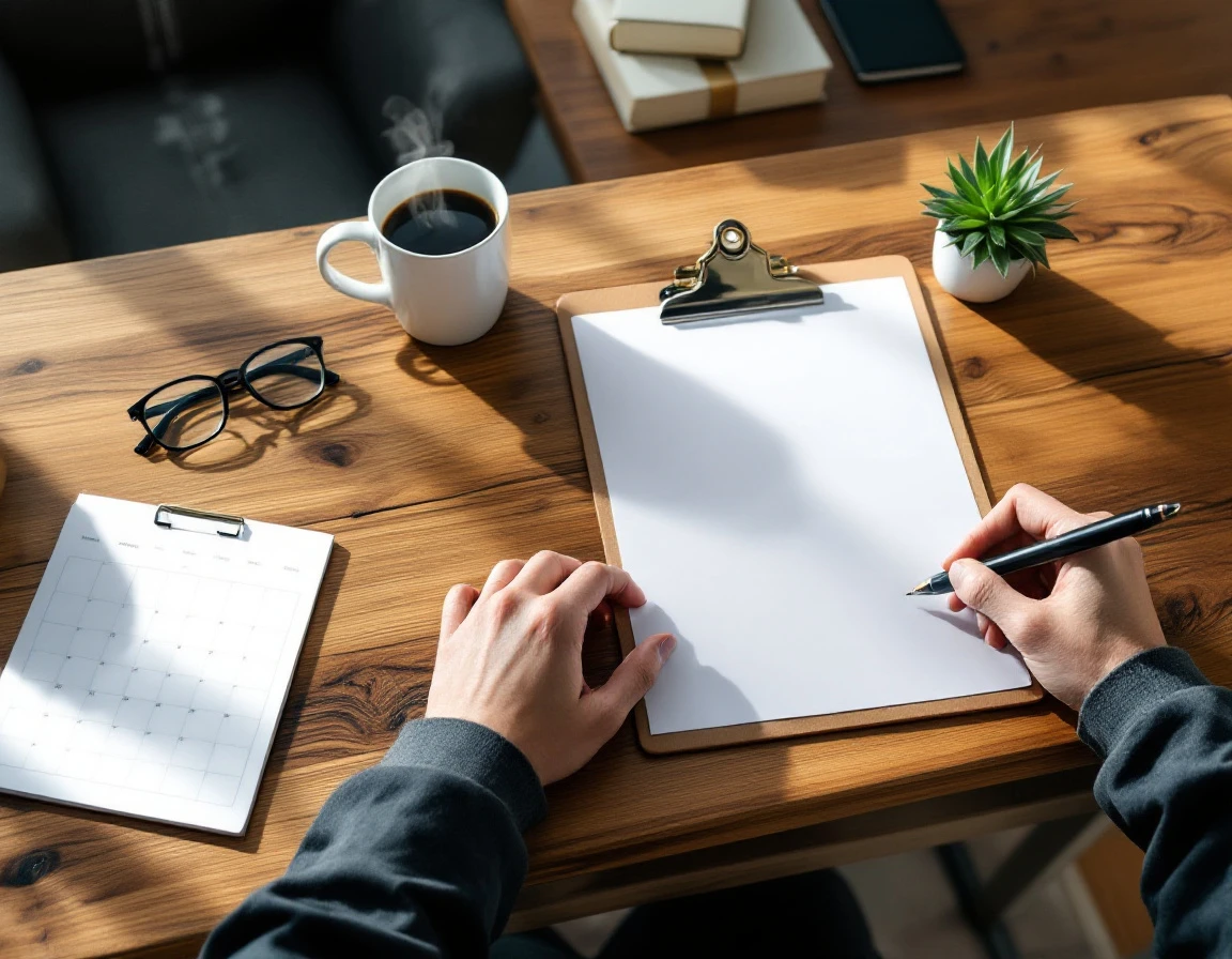 Overhead view of blank clipboard and evaluation materials on wooden desk with coffee and professional hands