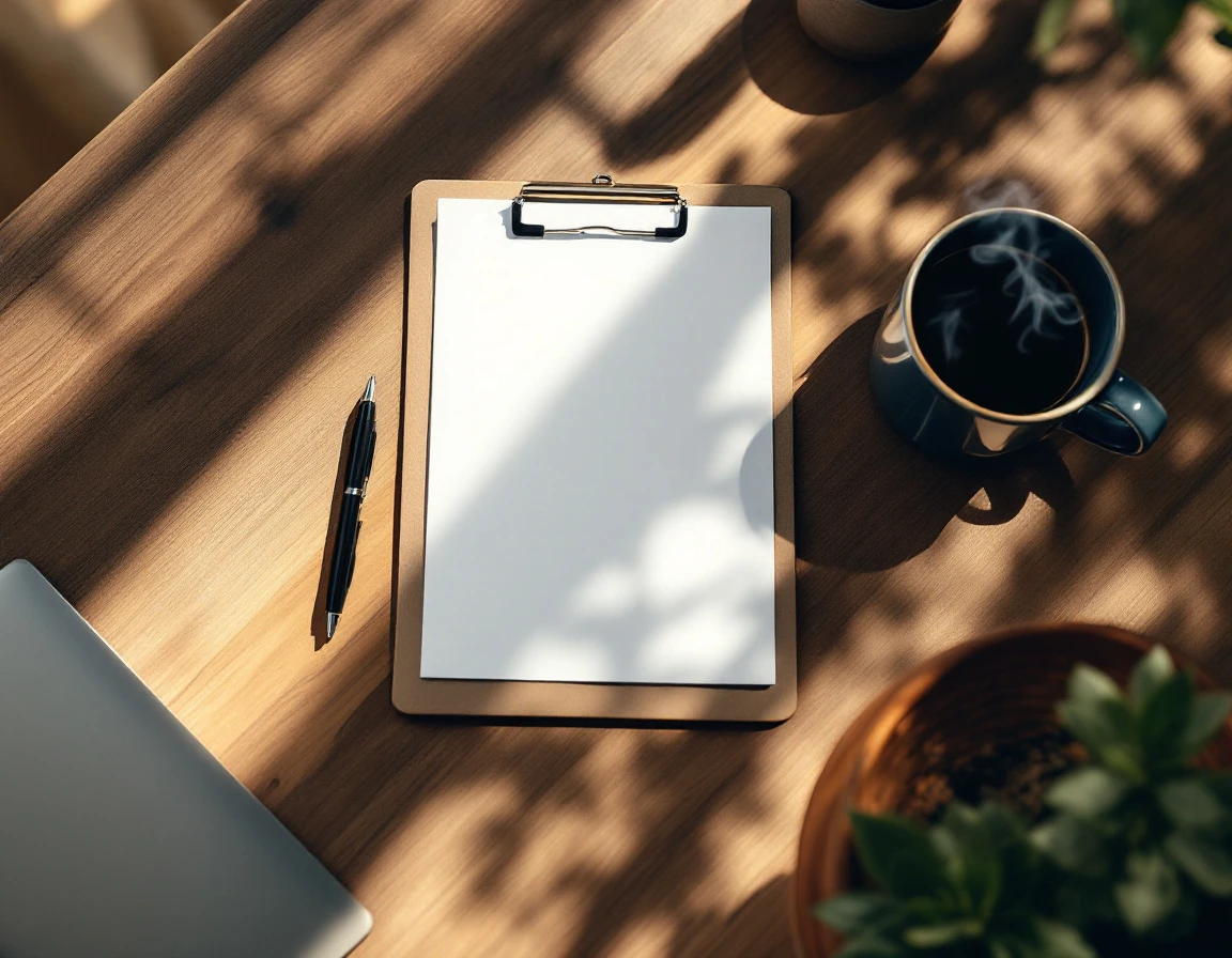 Blank clipboard on organized workspace with coffee and laptop suggesting staff evaluation planning