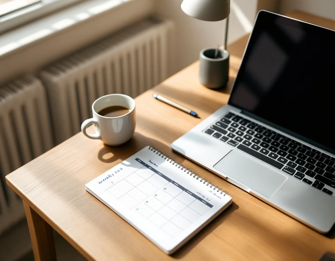 Overhead view of office desk with weekly planner, laptop, and wall clock showing strategic time allocation