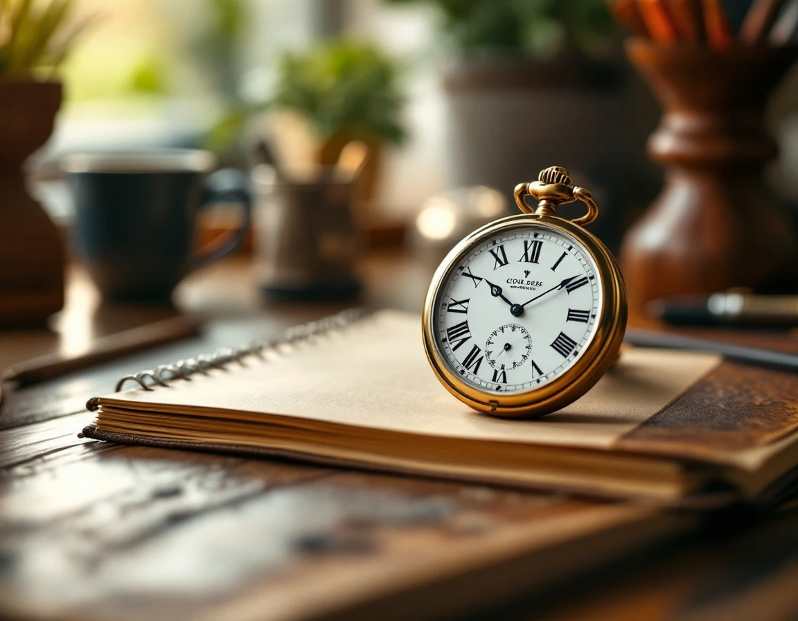 Vintage pocket watch on open leather planner symbolizing precise workforce scheduling and time allocation strategies