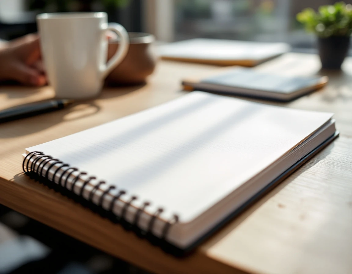 Spiral notebook with coffee and pen on desk in natural office lighting