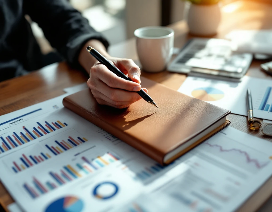 Business analyst reviewing blurred sales forecast documents with pen in hand on wooden desk