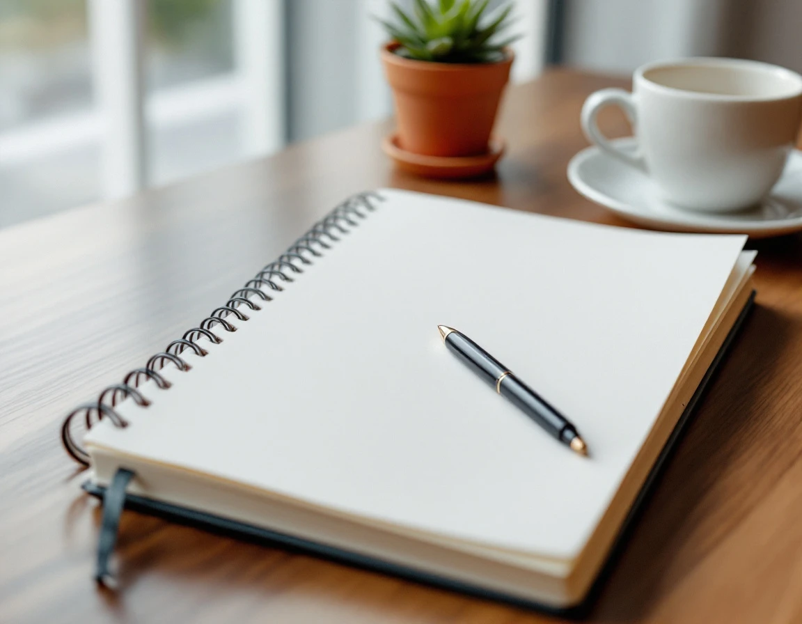 Blank notebook with pen and coffee on wooden desk near window with natural light