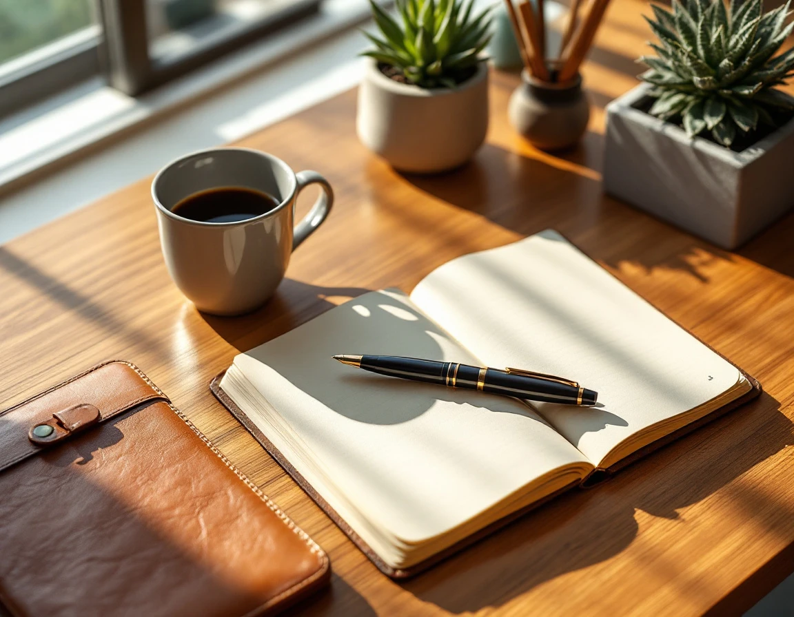 Professional desk workspace with coffee, notebook, and pen in warm natural lighting