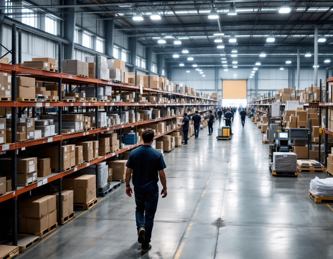 Retail distribution warehouse with workers moving through inventory aisles during shift operations