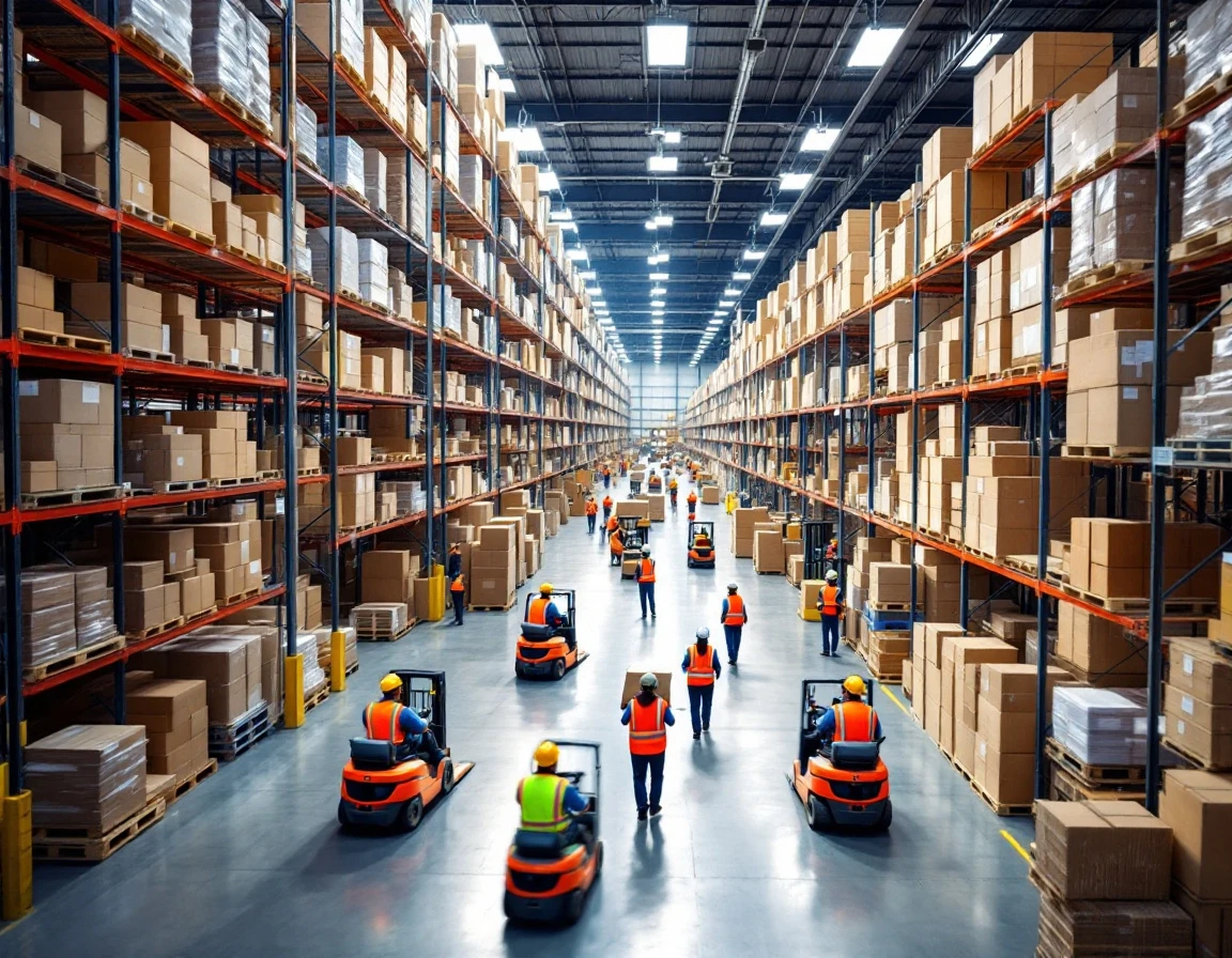 Warehouse workers in hard hats navigating between pallet racks during peak operational hours