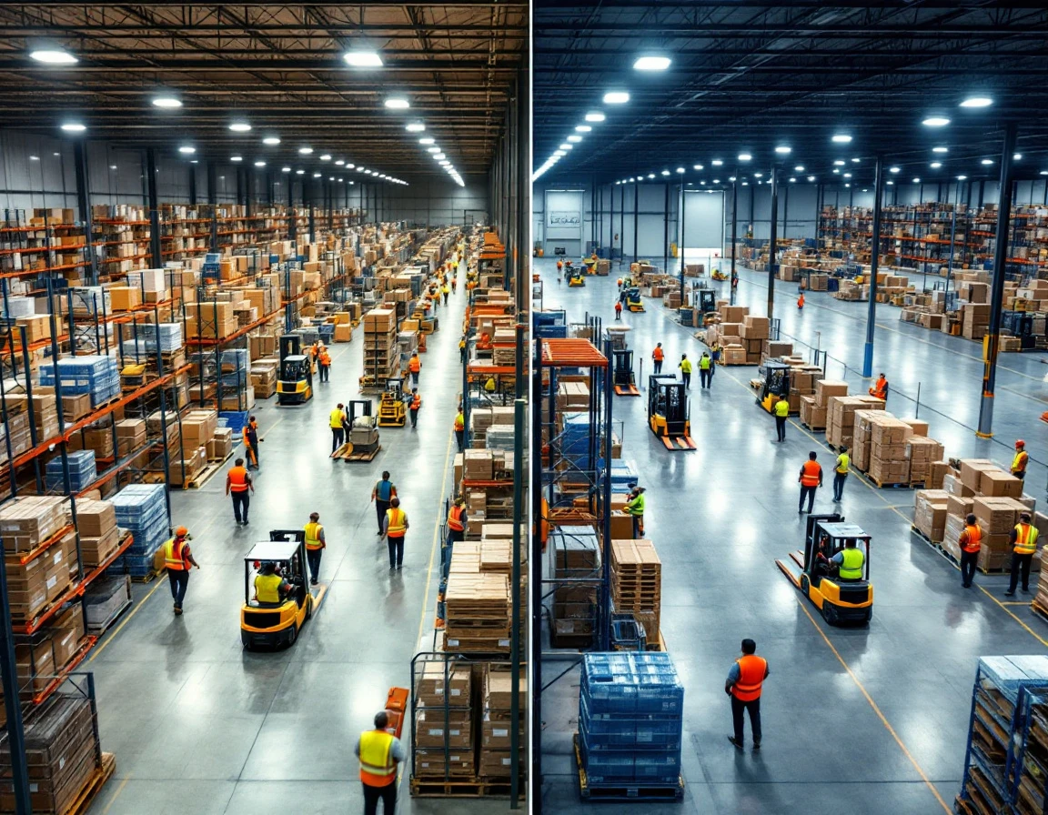 Split-screen warehouse floor showing high worker density during peak hours versus sparse staffing off-peak