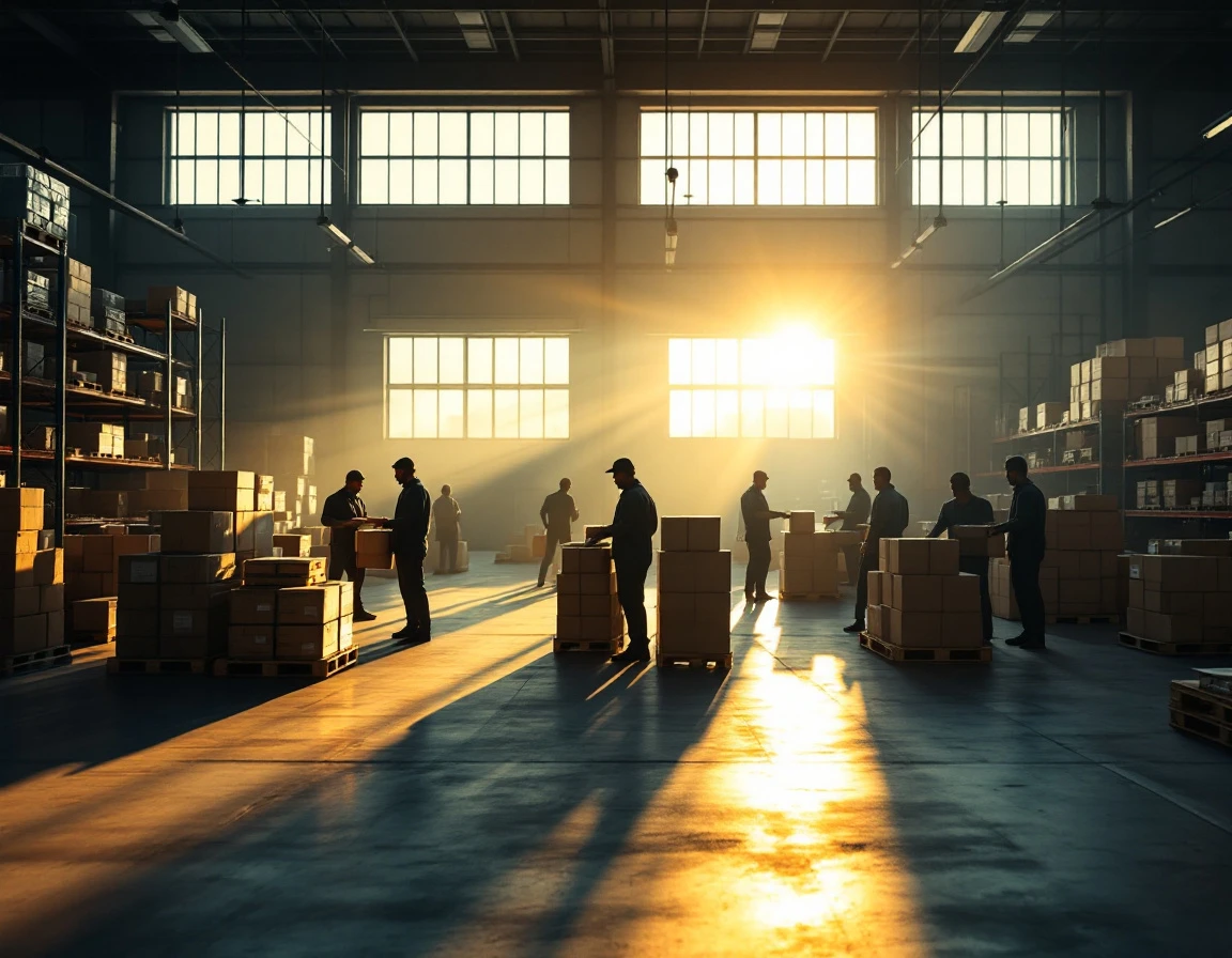 Warehouse workers in different lighting zones showing peak versus off-peak hour activity levels