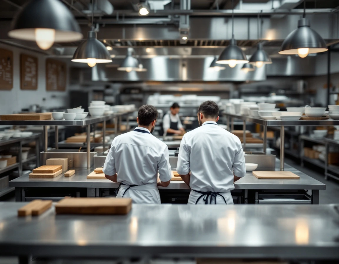 Restaurant kitchen with training staff at organized prep stations demonstrating structured workforce development