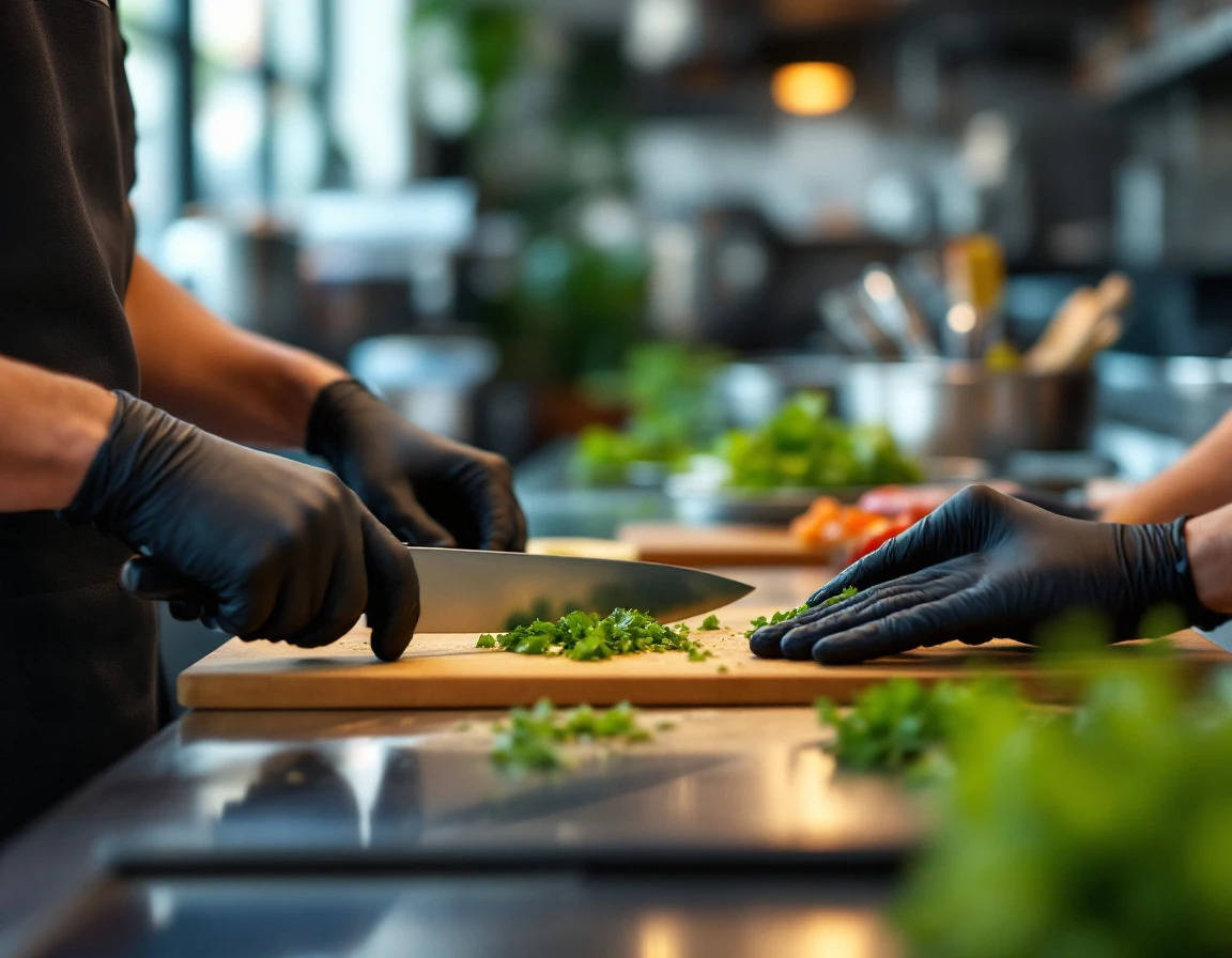 Restaurant training hands-on mentorship at prep station with fresh ingredients in professional kitchen