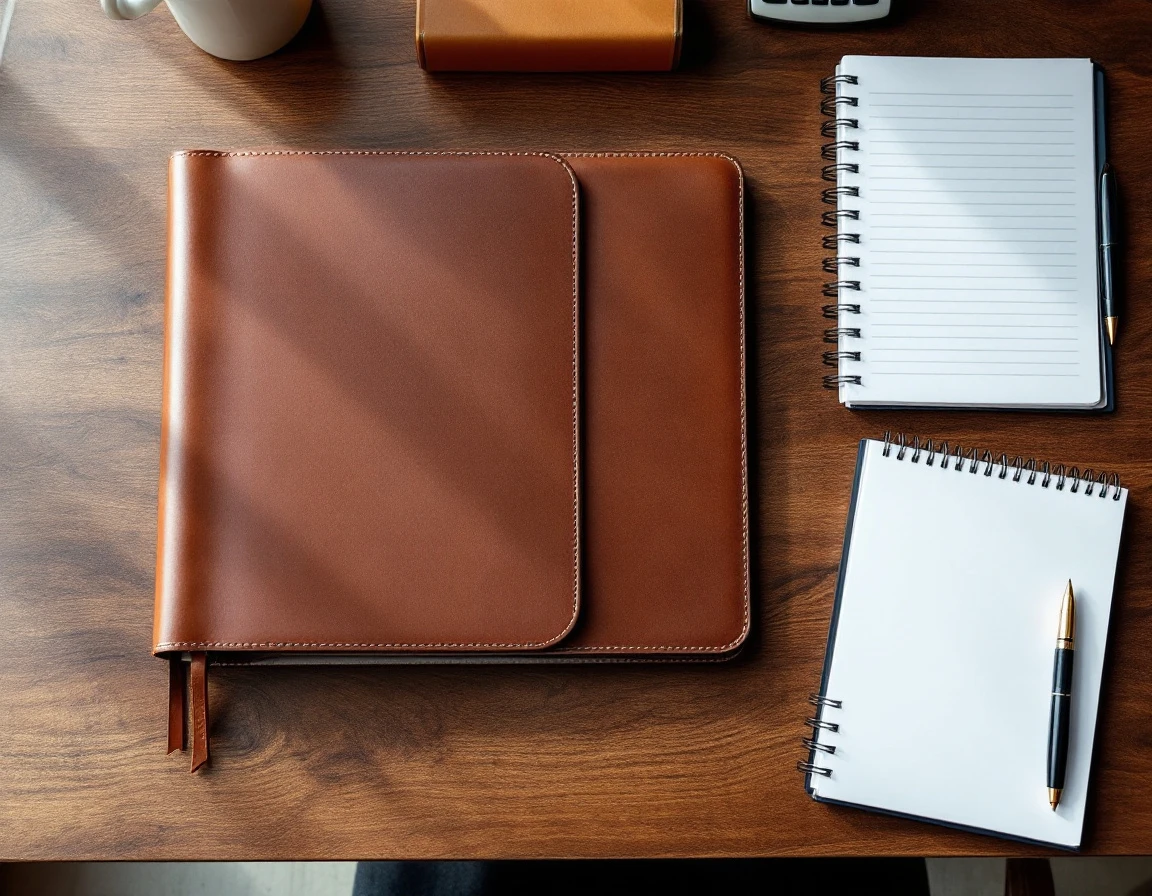 Professional desk workspace with leather portfolio, calculator, and planning tools arranged for forecasting