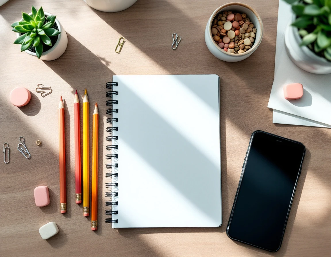 Organized desk workspace with blank notebook, colored pencils, smartphone, and planning materials