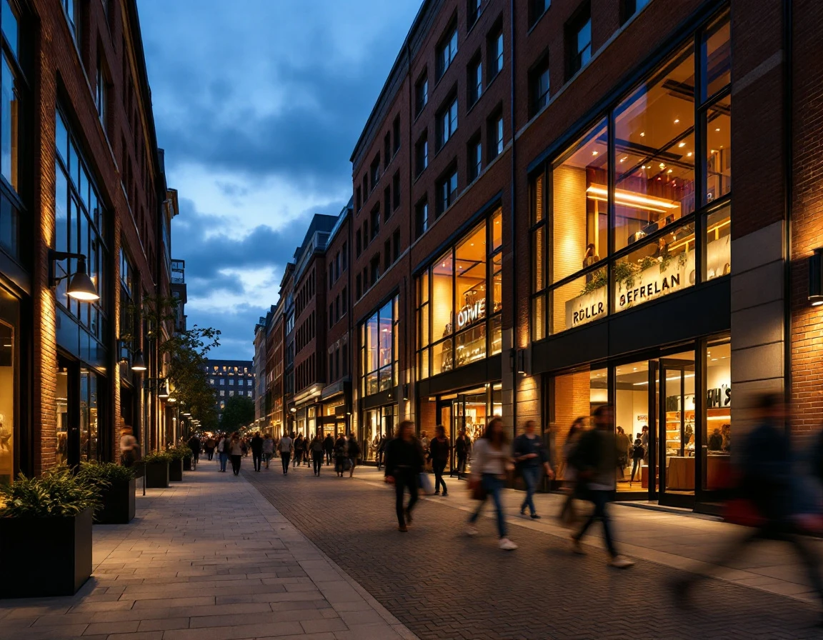 Urban retail shopping district at dusk with storefronts and pedestrians during evening business hours