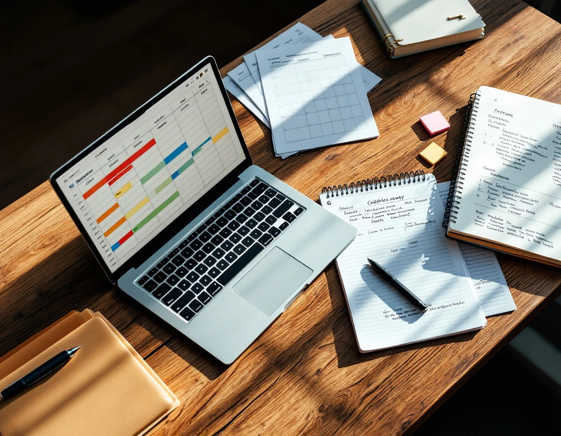 Overhead view of retail manager's desk with laptop, scheduling materials, and compliance planning notes