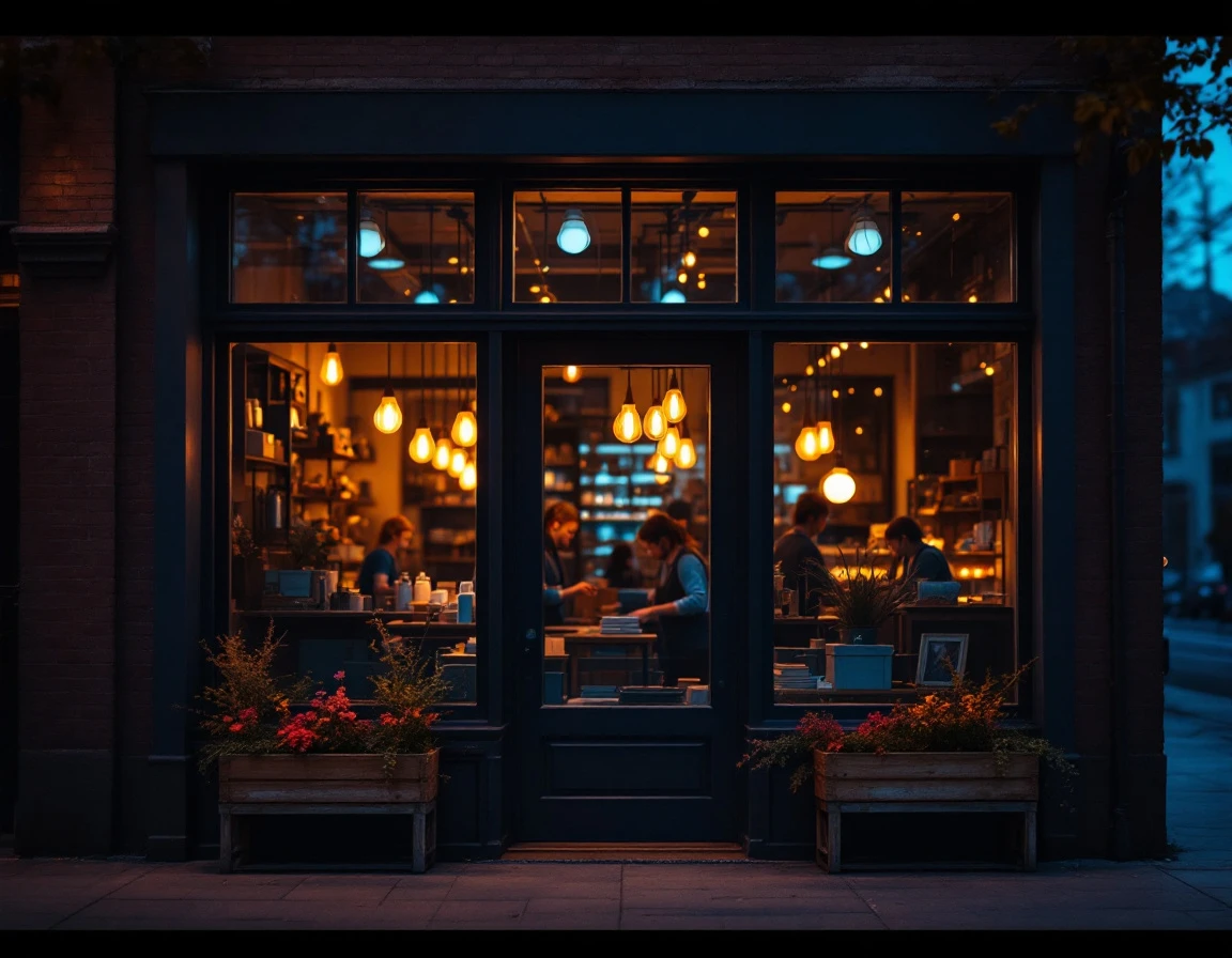 Retail storefront at twilight with staff silhouettes visible inside preparing for evening operations