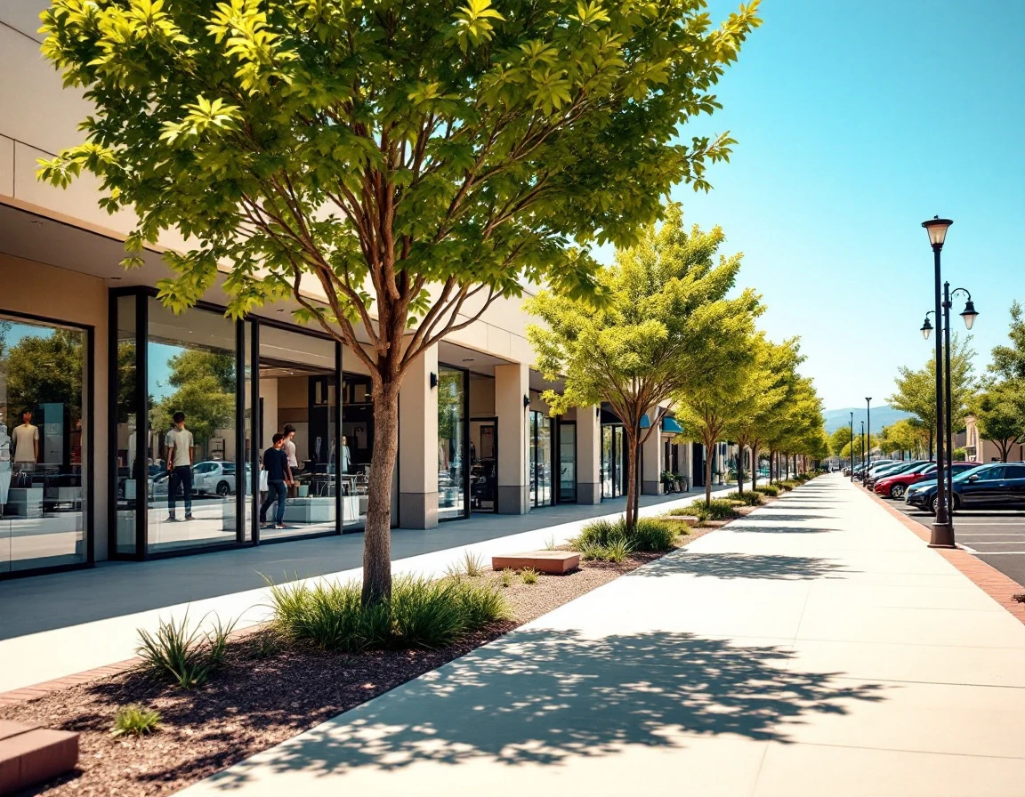 Outdoor retail plaza on a sunny summer afternoon with minimal shade and clear skies