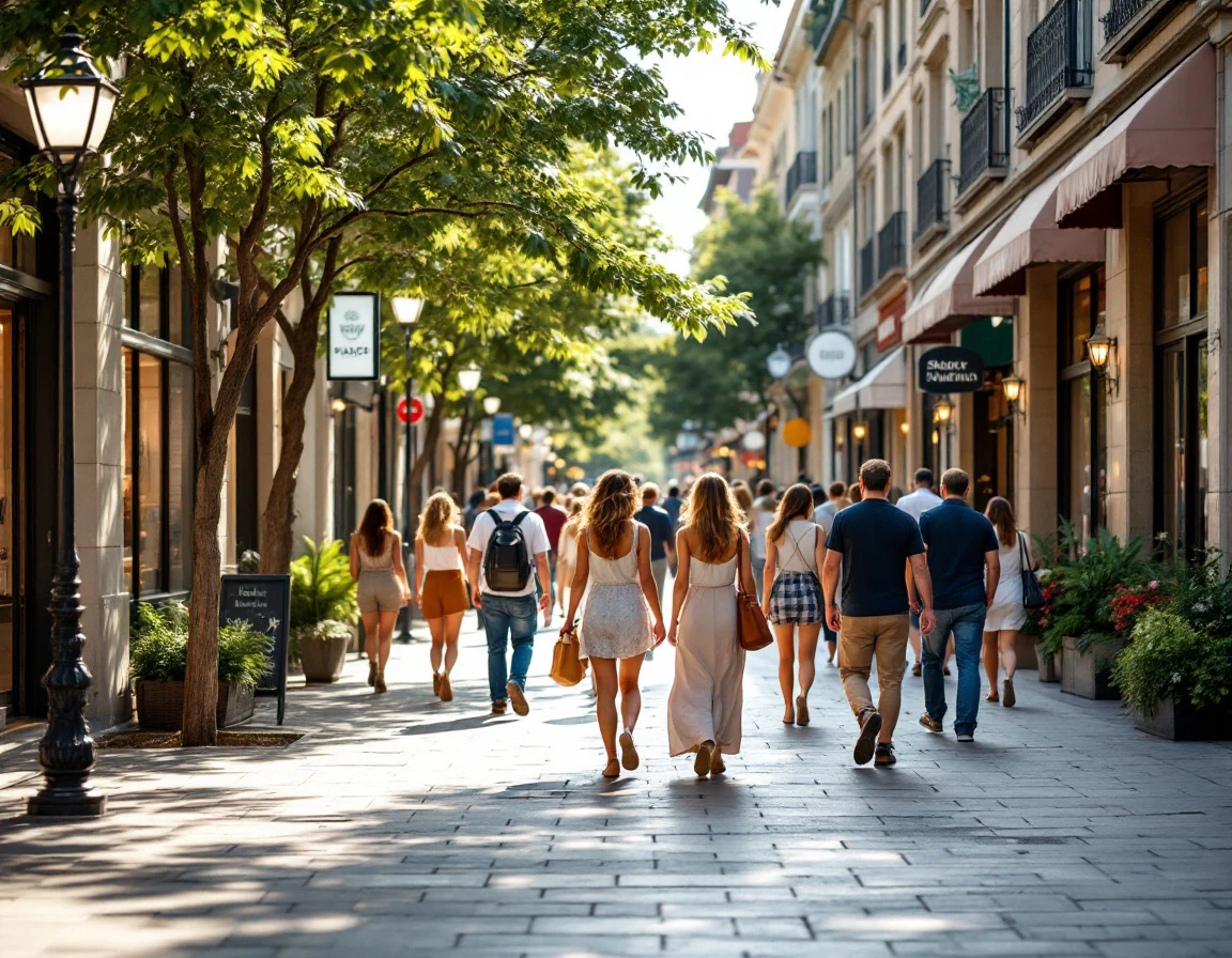 Busy urban shopping district with pedestrians during summer daytime heat conditions