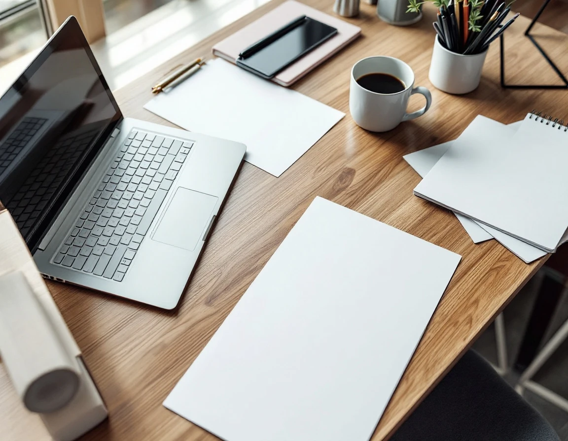 Organized workspace with laptop and blank planning materials for Q4 seasonal hiring preparation