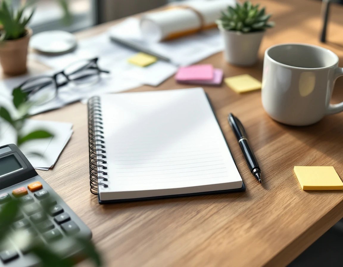 Organized desk workspace with blank notepad, calculator, and coffee mug for Q4 labor planning preparation