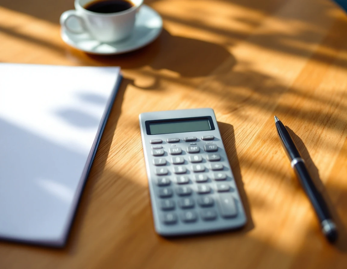 Overhead view of wooden desk with calculator, pen, and coffee mug for labor budget planning workspace