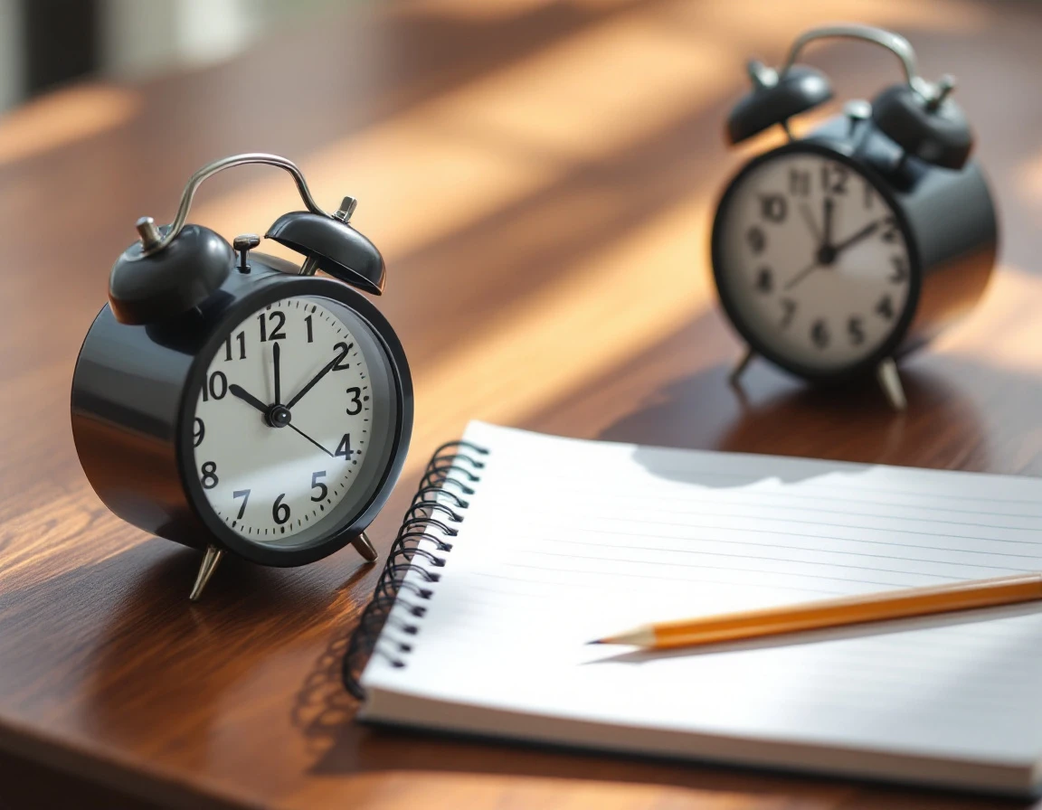 Two black alarm clocks and blank notebook on wooden desk with natural sunlight for labor budget planning