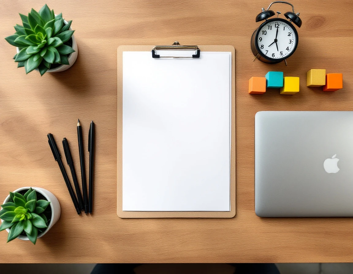 Overhead view of organized desk with blank clipboard, clock, and workflow planning tools on wooden surface