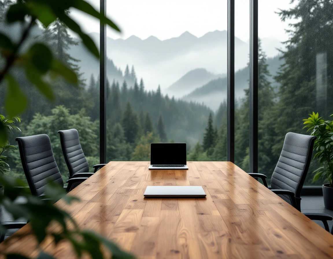 Empty conference room with wooden table overlooking misty forest, symbolizing disconnection in toxic workplace culture