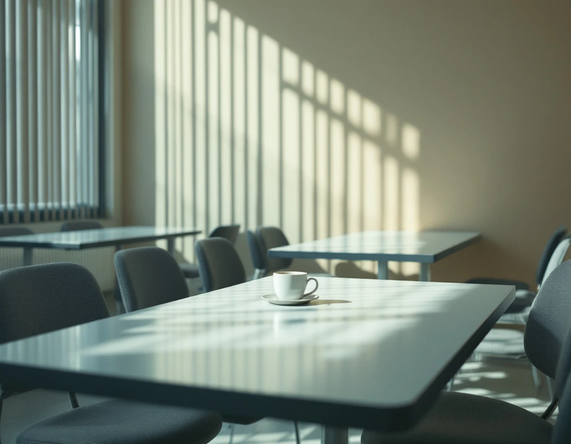Empty office break room with forgotten coffee mug on table under harsh fluorescent lighting and window shadows