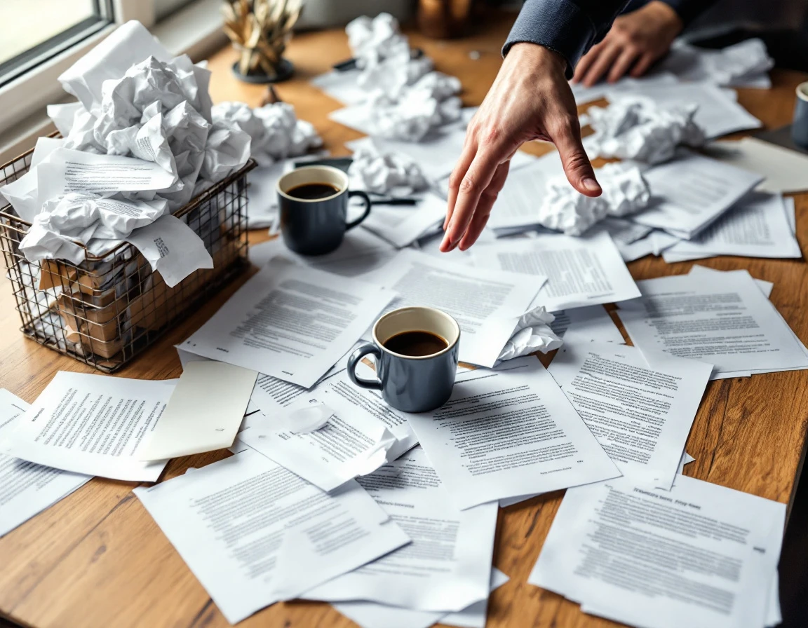 Cluttered desk with scattered papers, multiple coffee cups, and overflowing inbox representing workplace disorganization