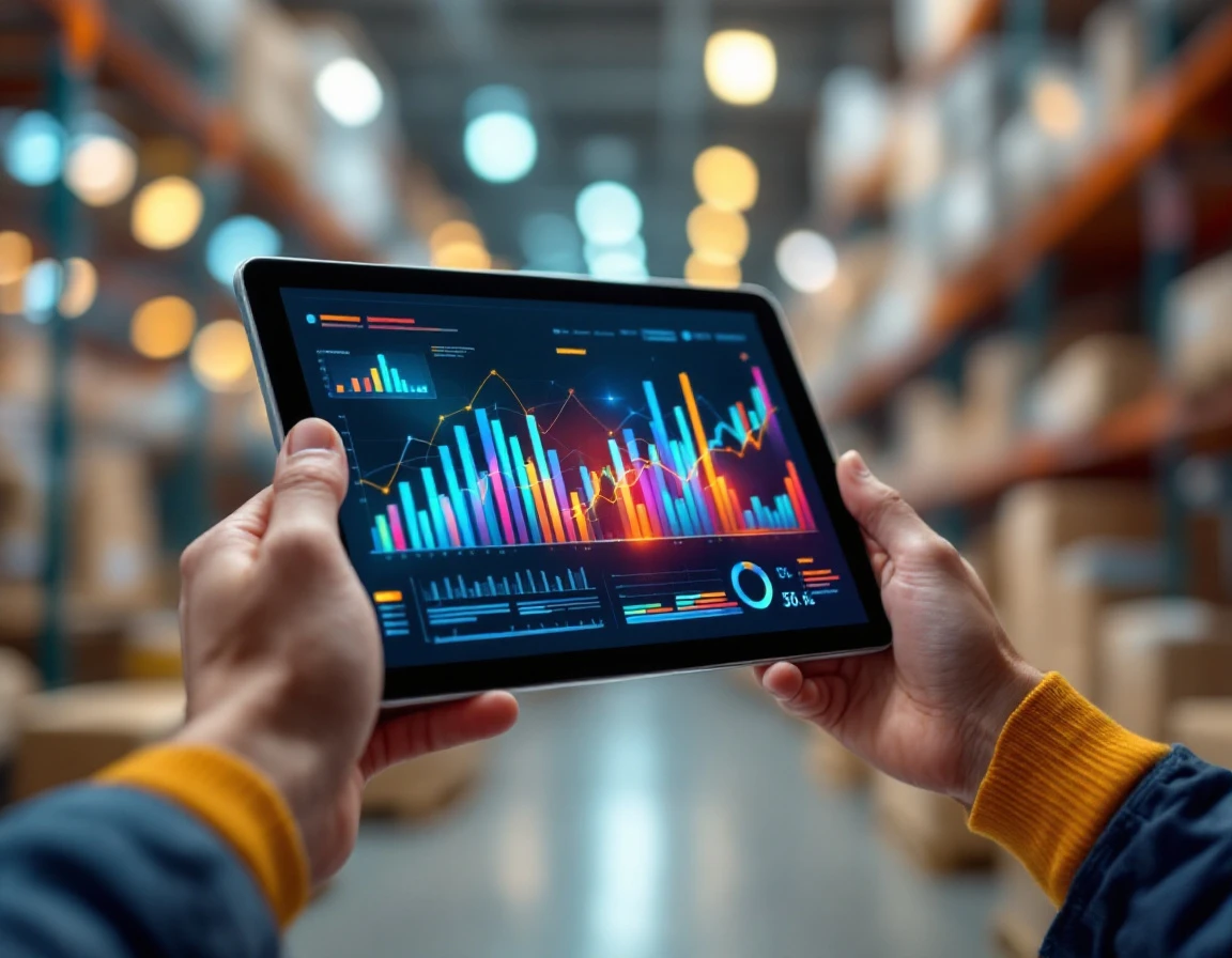 Worker holding tablet displaying abstract data visualizations in warehouse distribution center