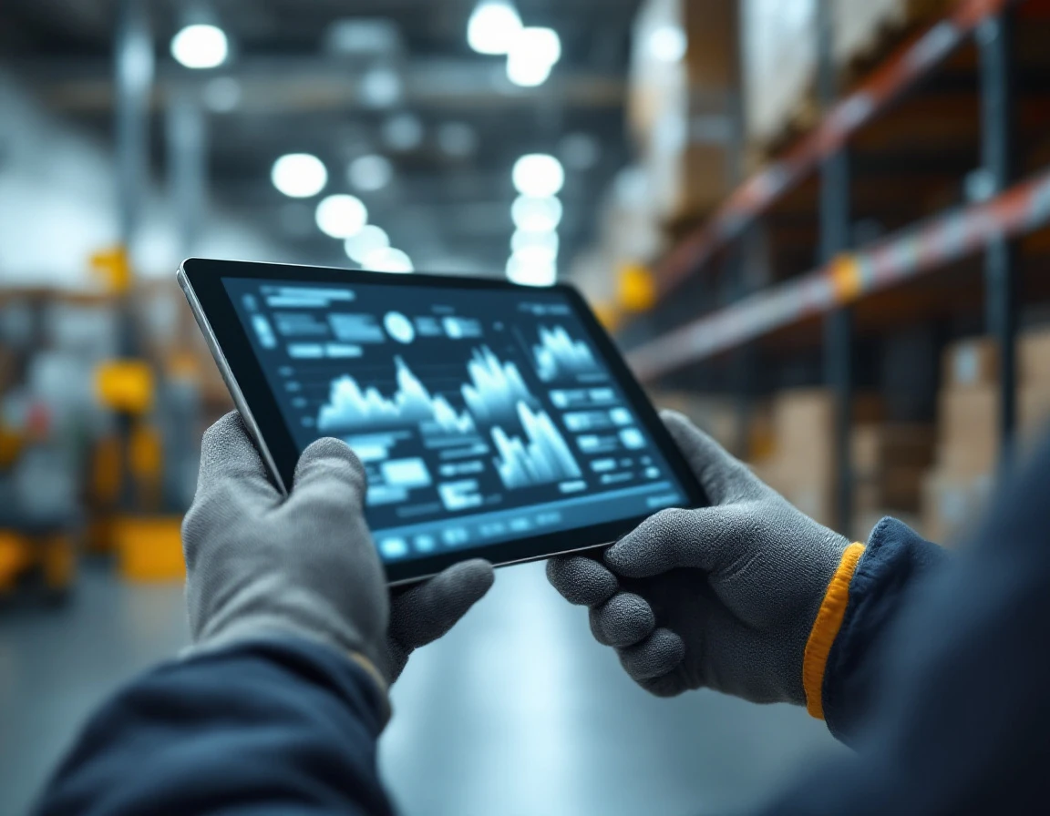 Warehouse worker holding tablet device with blurred screen in industrial facility with safety equipment
