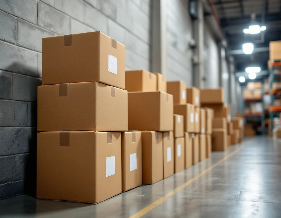 Cardboard inventory boxes stacked in warehouse distribution center with natural overhead lighting