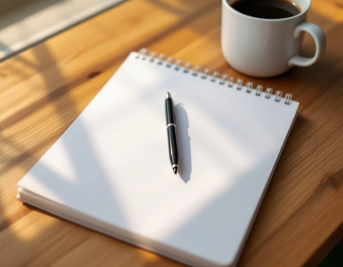 Blank spiral notebook on wooden desk with pen and coffee mug in natural morning light